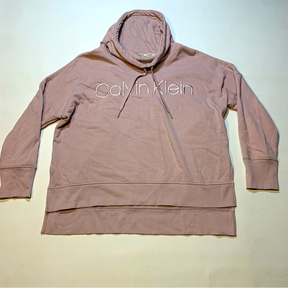 Calvin Klein Women's Large Cowl Neck Sweater Pink Drawstring Logo Spellout